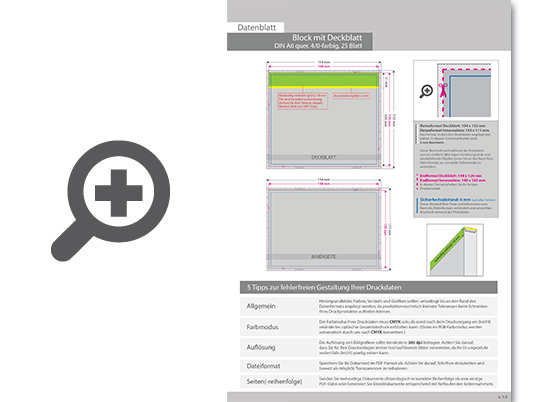 Product Bild block_mit_leimbindung_und_deckblatt__din_a6_quer__25_blatt__4_0_farbig_einseitig_bedruckt